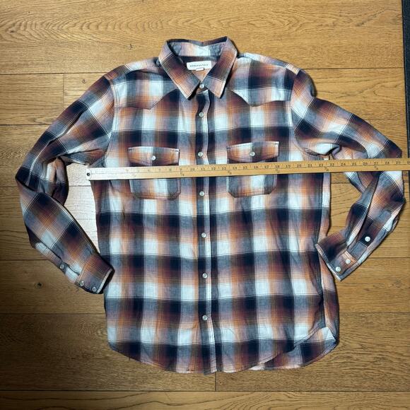 Aeropostale Men Pearl Snap Flannel Shirt SZ L Plaid Western Orange Black Burgund - Picture 5 of 6